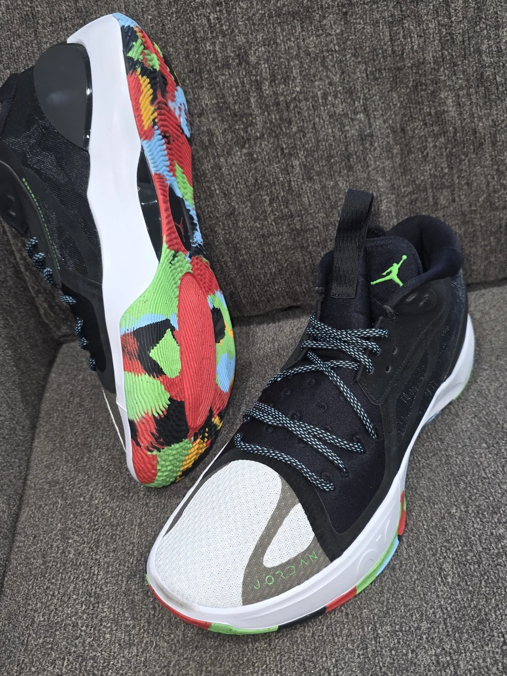 Jordan Men's Black Sneakers with White Toe and Multicolor Outsole